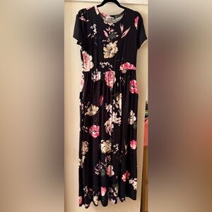 Floral Maxi Dress - Black and Pink - XL